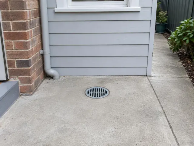 Outdoor patio drain grate set in concrete beside a house wall in Kingsford