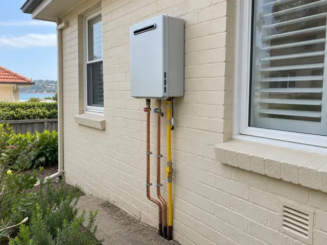 Outdoor hot water unit mounted on a cream brick wall beside windows in Coogee