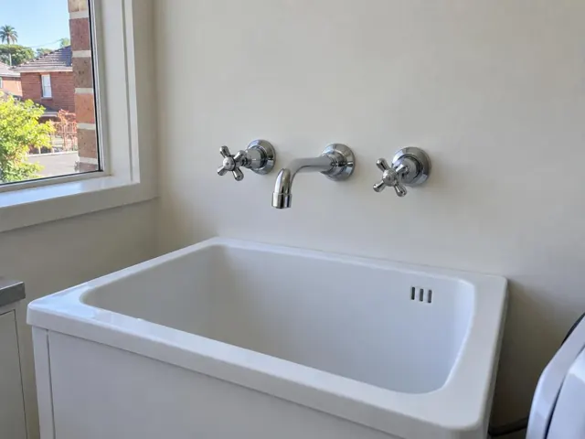 Wall-mounted tap set above a white laundry tub with a dry bench and sink in Kensington